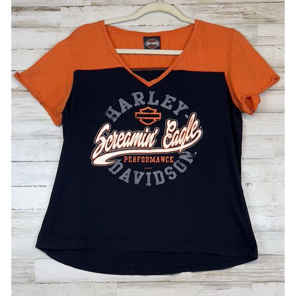 Harley Davidson Screaming Eagle Women's Sz Large TShirt Black Orange - Picture 1 of 7